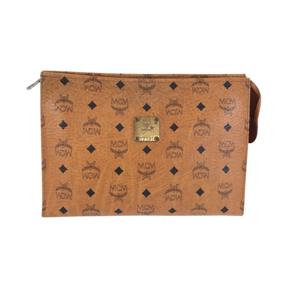 MCM Visetos Brown Leather Clutch Bag (07191) with Gold Hardware - Men's